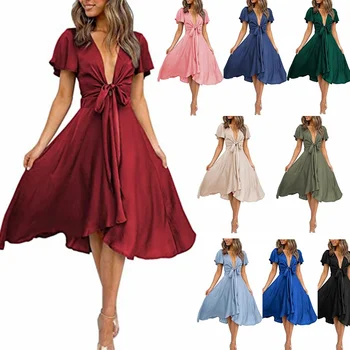 Летнее платье 2023 с V-образным вырезом, плиссированные платья с коротким рукавом и бантом, двусторонняя шнуровка, одежда для женщин, летнее платье с плиссированной юбкой