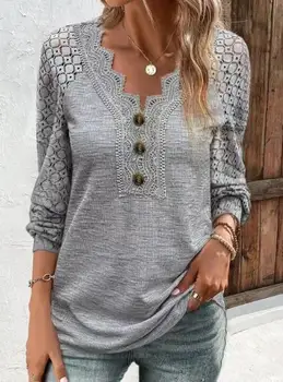 Женская футболка с V-образным вырезом, повседневный пуловер с кружевными вставками, облегающий однотонный топ с длинными рукавами, Весенняя модная новая одежда