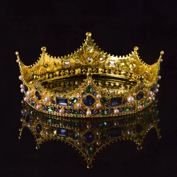 Европейская Винтажная Придворная принцесса в стиле барокко, Свадебная тиара, Мужская Королевская Корона, Хрустальная Жемчужная Круглая Металлическая Свадебная корона Унисекс