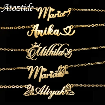 Atoztide Персонализированное Пользовательское ожерелье с именем в виде сердца для женщин, Подвеска-чокер в виде бабочки из нержавеющей Стали, ювелирный подарок на День Рождения