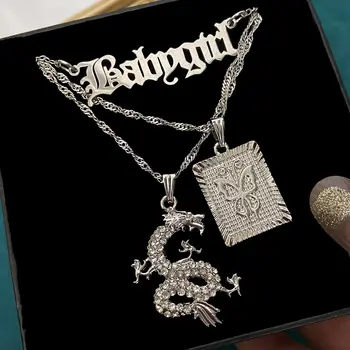 Flatfoosie Модное многослойное ожерелье с длинными цепями Для женщин и Мужчин, ожерелье с подвеской в виде Бабочки-Дракона, ожерелье с подвеской в виде буквы 