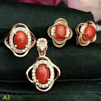 KJJEAXCMY Бутик драгоценностей, инкрустированных чистым серебром 925 пробы, большой натуральный красный коралл, женский кулон, кольцо, 3 комплекта золота.