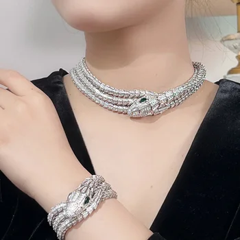 Zlxgirl jewelry Classice Трехлинейные Наборы свадебных украшений в форме Змеи AAA, Ожерелье из Кубического Циркона с браслетом, свадебный аксессуар