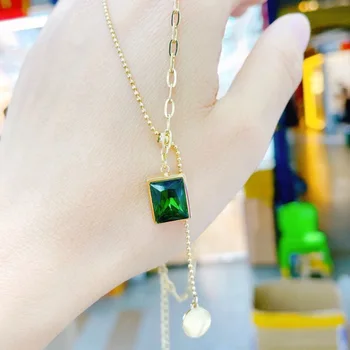 Изысканное ожерелье из зеленого циркона для женщин, подарки, ювелирные изделия, Винтажный дизайн, Квадратное ожерелье с подвеской, Темпераментная цепочка-ошейник