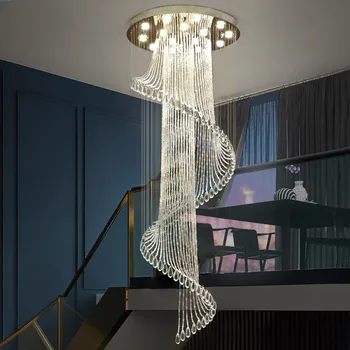 Лестничная люстра современная минималистская атмосфера вилла полый высокий лофт вращающаяся хрустальная гостиная двухуровневая длинная люстра