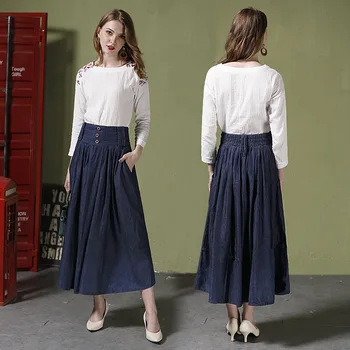 Бесплатная доставка 2022, Новая модная джинсовая юбка трапециевидной формы Длиной Макси Плюс Размер S-5XL, летние и осенние юбки с эластичной высокой талией