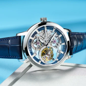 OBLVLO, роскошные мужские механические часы с Турбийоном, Дизайнерские часы из натуральной кожи со стальным скелетом, циферблат с ручным заводом, часы VM-TB
