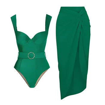 Новый Винтажный цельный купальник с зеленым поясом и саронг чистого цвета с поясом без спинки, простые купальники, бикини с прикрытием, летняя пляжная одежда