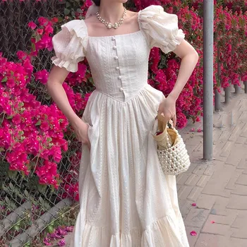 Белое платье с квадратным воротником во французском стиле, Модное платье Принцессы с пышными рукавами и оборками для женщин 2023, Шикарное винтажное элегантное платье Макси