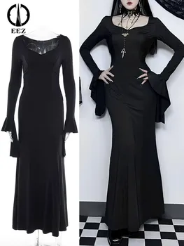Винтажное черное платье миди с глубоким V-образным вырезом и расклешенными рукавами, женские сексуальные Элегантные тонкие платья-русалки, готическое платье-труба с высокой талией на Хэллоуин