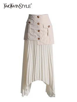 TWOTWINSTYLE, Свободные юбки Трапециевидной формы в стиле пэчворк на пуговицах Для женщин, Высокая талия, Плиссированная юбка с нерегулярным подолом, Женская Модная одежда, Новинка
