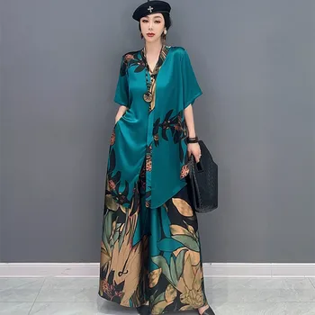 Длинные комплекты из двух предметов с корейским принтом для женщин, весенне-летняя длинная блузка и прямые брюки, Повседневный свободный летний костюм
