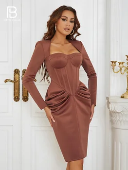 PB 2023, модное коричневое женское летнее платье с рюшами длиной до колен, сексуальное платье для вечеринки знаменитостей в клубе Vestido