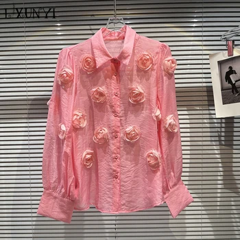 Розовые блузки Женские 2023 Весна-Осень Модные объемные цветочные узоры, Свободные Элегантные Рубашки с длинными рукавами От дизайнеров