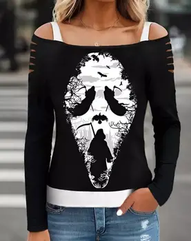 Y2K Одежда На Хэллоуин, Женская блузка с открытыми плечами и длинным рукавом, графический принт Черепа, вырез 