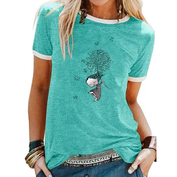 Повседневная летняя женская футболка в уличном стиле с круглым вырезом, Женская футболка с коротким рукавом, Свободная, Плюс Размер, Женская футболка с одуванчиком, Топ