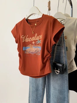 Плиссированный дизайн, Винтажная футболка с короткими рукавами, Женская летняя маленькая тонкая короткая Чистая похотливая футболка, укороченный топ