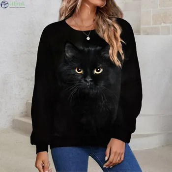 Новая женская футболка, свитер, пуловер с принтом котенка Каваи, базовая уличная одежда с черным котом, круглый вырез, Большие размеры, длинный рукав, осень