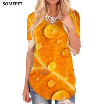 Футболка с листьями SOMEPET, женские оранжевые футболки, футболка с 3D-графикой и V-образным вырезом, футболки Harajuku, Модная женская одежда с принтом