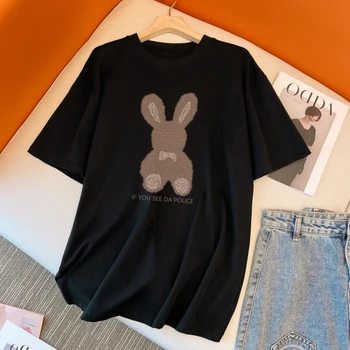 2023, Летняя новинка, Свободная дизайнерская повседневная женская футболка с круглым вырезом и принтом кролика, топ с коротким рукавом