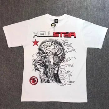 Красно-белая футболка с буквенным принтом Hellstar, графическая футболка с боковой структурой лица, Мужская женская повседневная футболка оверсайз лучшего качества