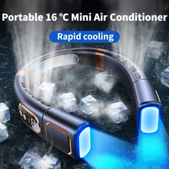 Портативный шейный вентилятор с 5 скоростями USB, Перезаряжаемый безлопастный Охлаждающий шейный вентилятор, Цифровой дисплей, Вентиляторы-охладители воздуха, Атмосферный свет