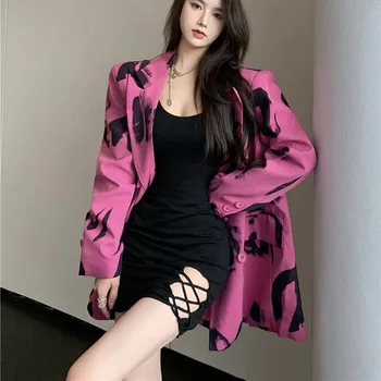 Женское пальто с принтом в стиле ретро, блейзер, Весенний Новый Свободный повседневный топ с длинными рукавами, двубортный модный корейский блейзер с темпераментом