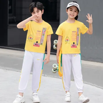 Детский комплект с короткими рукавами, летняя новая модная одежда для мальчиков и девочек, повседневный комплект из двух предметов с короткими рукавами
