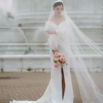Элегантные свадебные платья из атласа с длинными рукавами и открытыми плечами 2021, Свадебное платье со шлейфом, Свадебное платье с разрезом, Милая