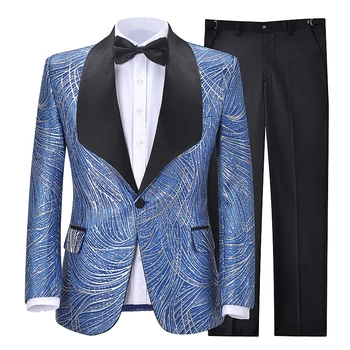 2020 Мужские костюмы, 2 предмета, Синие Блестящие Костюмы, Модные Смокинги с отворотами и принтом, Смокинги Жениха для вечеринки (блейзер + брюки)