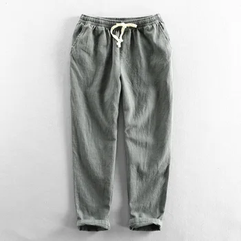 Летние осенние модные однотонные мужские универсальные брюки из хлопка и льна с эластичной резинкой на талии, простые свободные базовые повседневные брюки длиной до щиколоток
