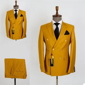 Высококачественные Желтые мужские костюмы-двойки, сшитые на заказ, Красивые весенние свадебные комплекты, вечернее пальто + брюки с двойными пуговицами из золотого металла