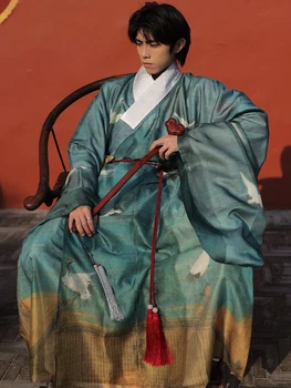 2023 мужская одежда в китайском стиле, халат с принтом журавля эпохи Мин, летний халат с восточным принтом, широкий рукав, антикварный халат, косплей Ханфу