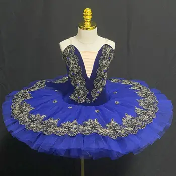 Профессиональная балетная пачка для сольных танцев для девочек, платье-пачка для балерины, Королевский синий Бархатный лиф С 6 слоями юбок-блинов