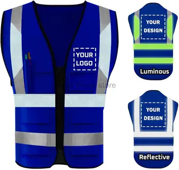 Сапфирово-голубой огнестойкий Отражающий индивидуальную печать логотипа Surveyor Жилет безопасности для строительства с карманом