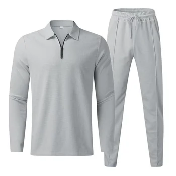 Новый модный мужской однотонный комплект рубашек поло, Повседневная уличная одежда, хлопковая рубашка на молнии + брюки, комплект роскошной одежды из двух предметов