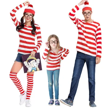Где семья Уолли, одинаковые костюмы для родителей и детей, рубашка в красно-белую полоску + шляпа + очки Для девочек и мальчиков