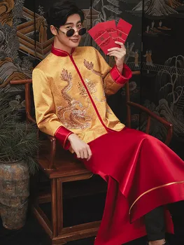 Мужчины Золотой Дракон, блестки, вышивка Бисером, костюмы для Тостов в Китайском стиле, свадебный костюм Ципао Тан