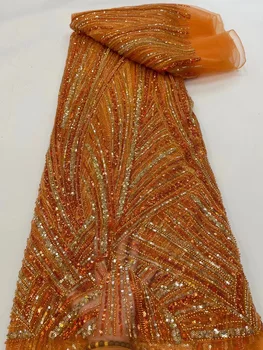 Ярко-Оранжевая Нигерийская кружевная ткань ручной работы с пайетками Ручной работы в Африканском Стиле, Высококачественное Роскошное тюлевое кружево из бисера Для свадебных вечерних платьев