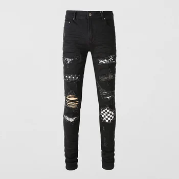 Уличная Мода, мужские джинсы черного Цвета, облегающие Джинсы с дырками, Мужские Клетчатые заплатки, Дизайнерские брюки в стиле хип-хоп, Бренд Hombre